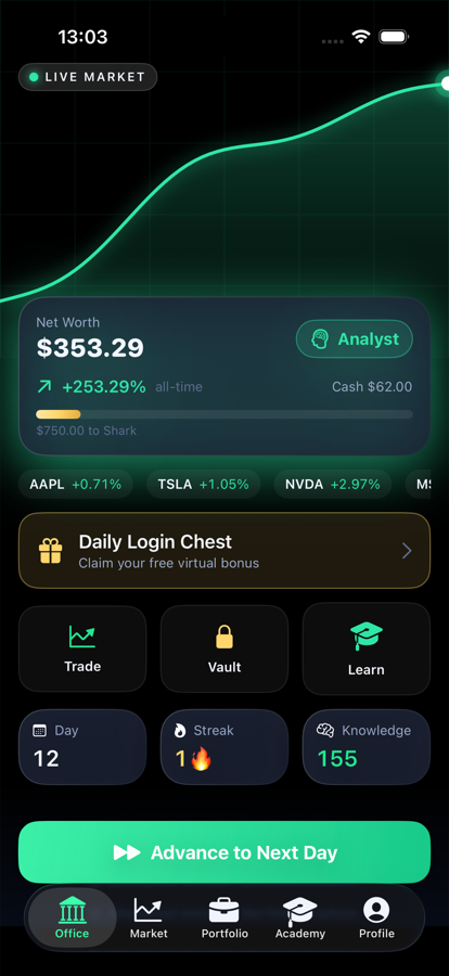 Investor Arena home screen showing live net worth and market chart