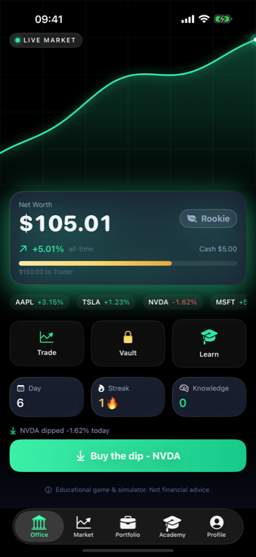 Investor Arena home screen showing live net worth and market chart