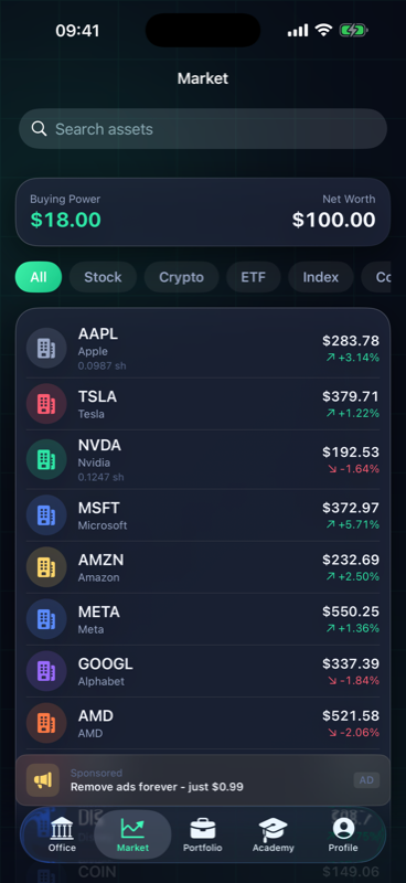 Market screen listing stocks, crypto and gold with live prices