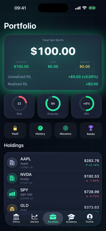 Portfolio dashboard with risk, diversity and ROI scores